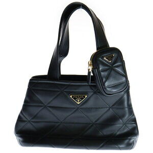 PRADA Quilted Handbag Shoulder Bag Black Leather Triangle Logo Plate